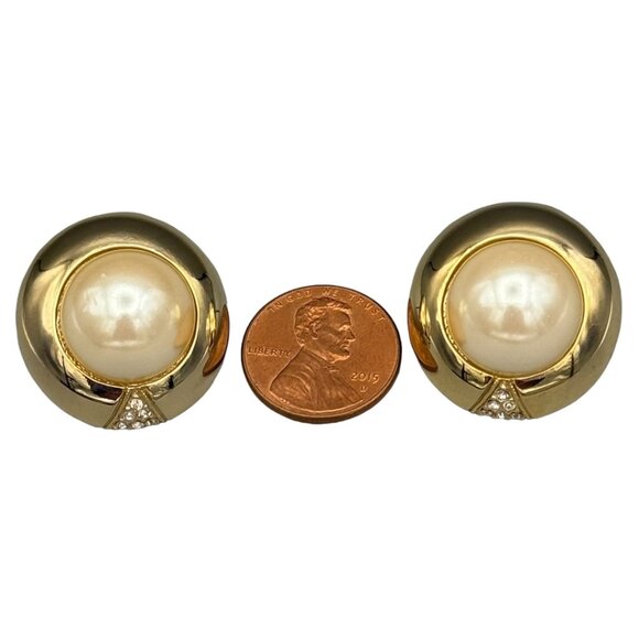 50s Glamour Faux Pearl, Gold, & Rhinestone Statement Button Vintage Earrings - Picture 4 of 9